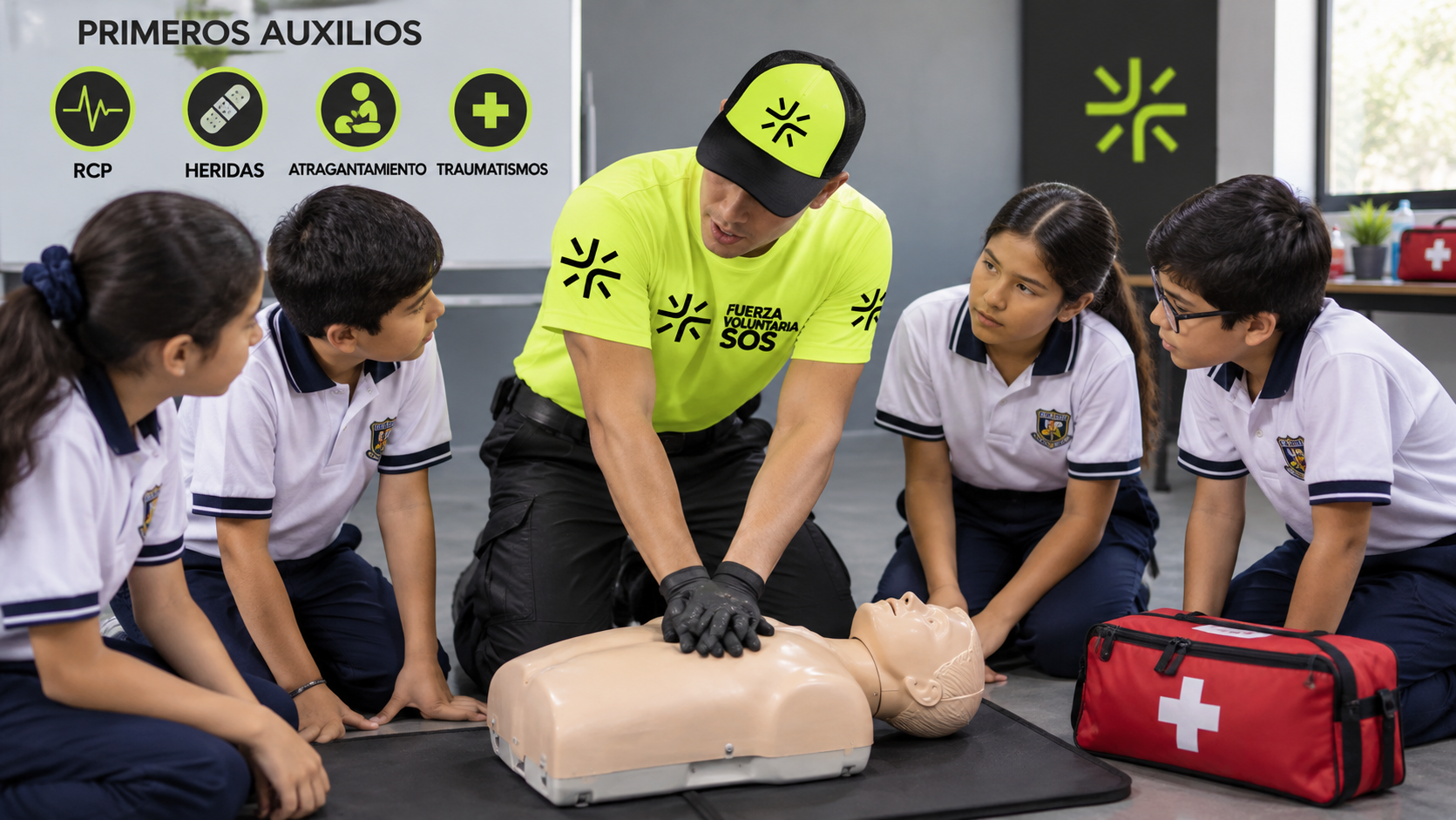 Instructor de FVSOS enseñando reanimación a estudiantes en el aula.