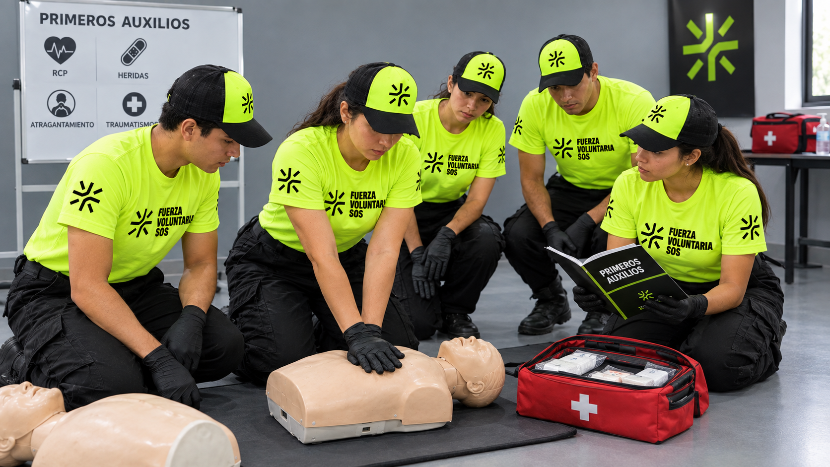 Voluntarios de FVSOS practicando primeros auxilios y reanimación con un maniquí.