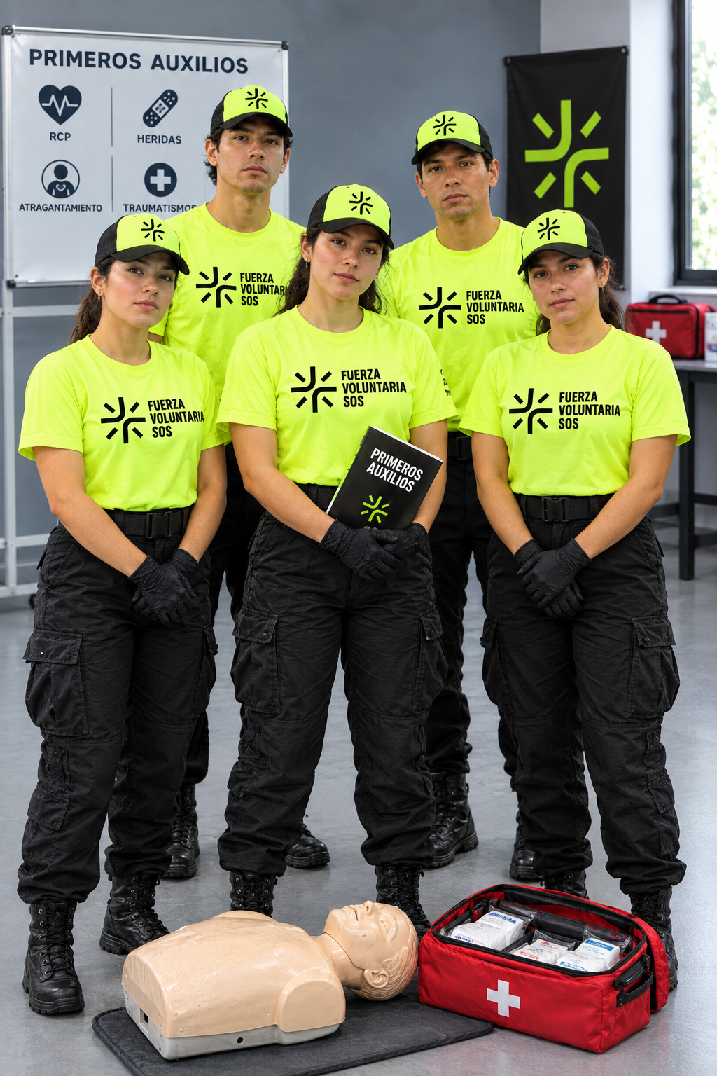 Equipo de voluntarios de FVSOS con material de primeros auxilios.