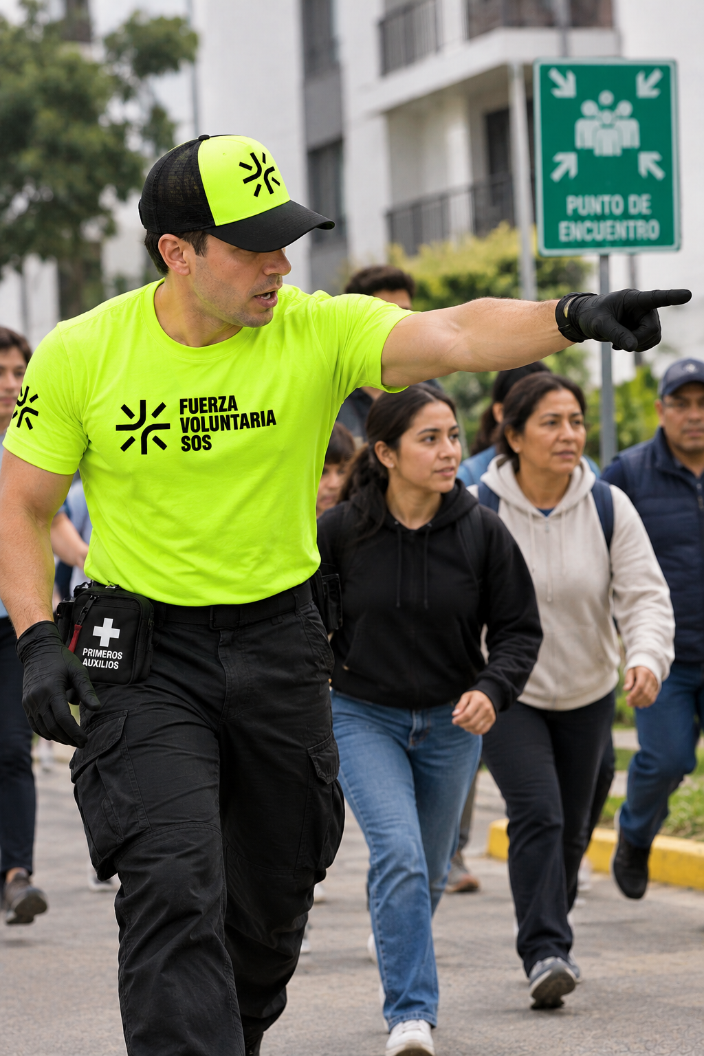 Instructor de FVSOS orientando una evacuación hacia el punto de encuentro.