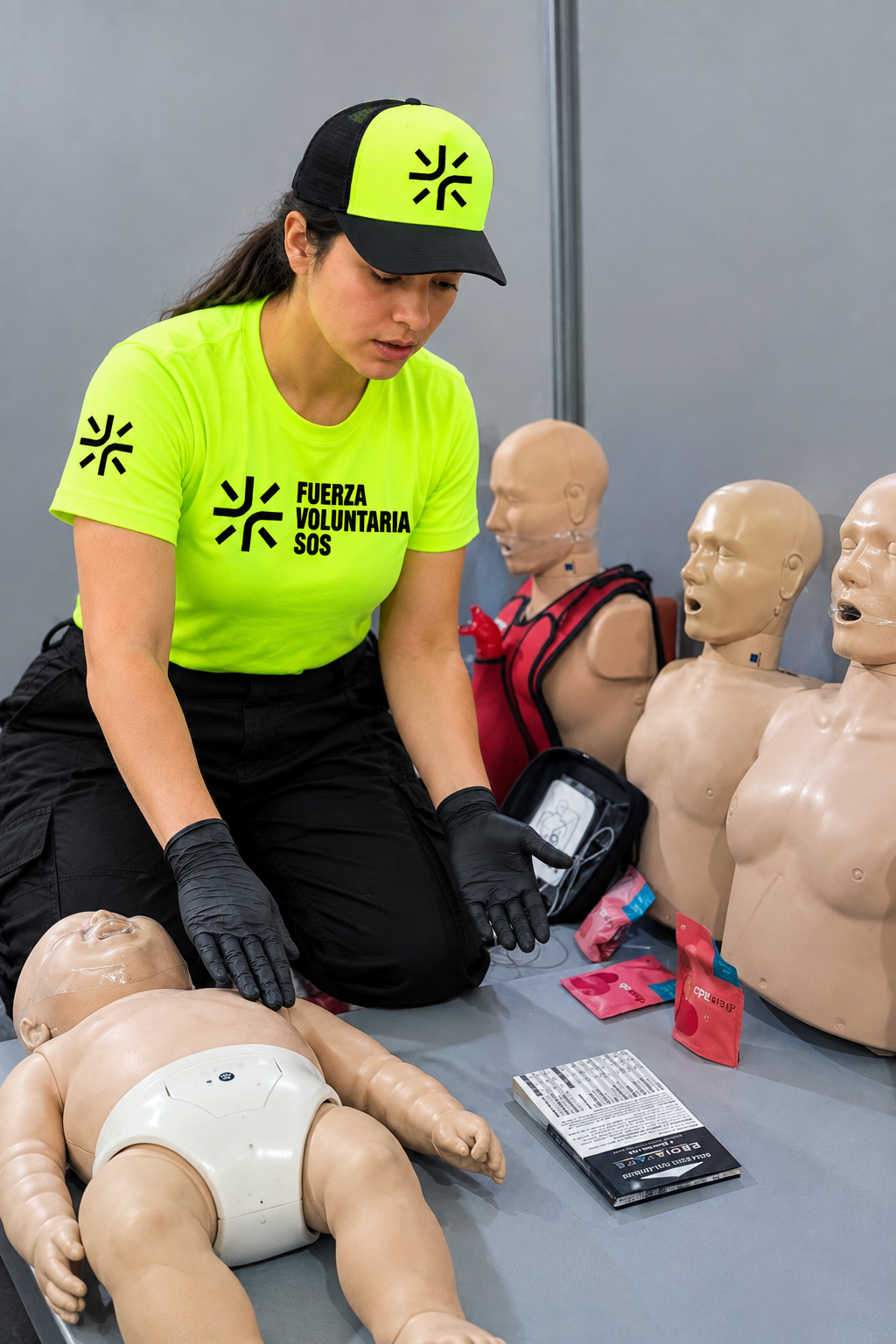 Instructora de FVSOS practicando reanimación con maniquíes de entrenamiento.